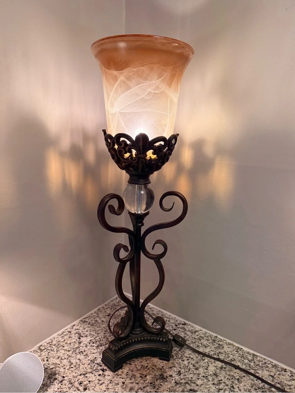 Elegant Amber Glass Table Lantern with Ornate Bronze-Finish Base